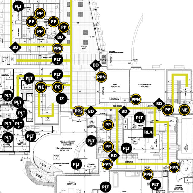 signage programming on plans. Design and study of wayfinding projects